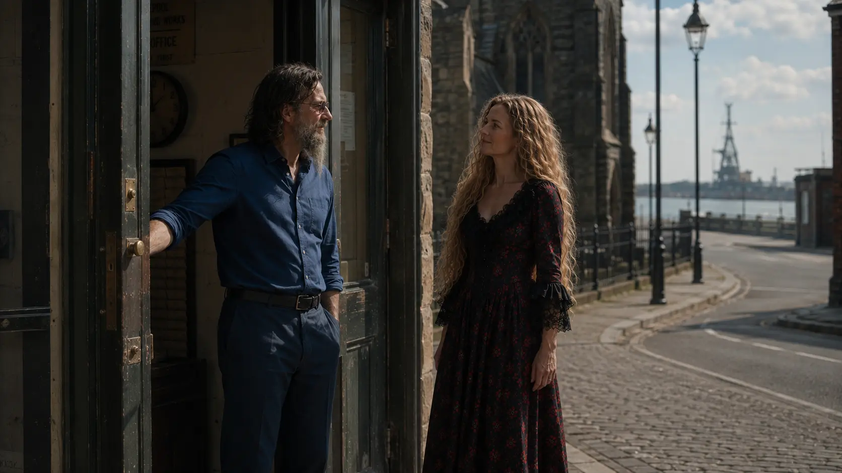 A man holding open a tall black works door for a woman on a sunlit cobbled street by the church.