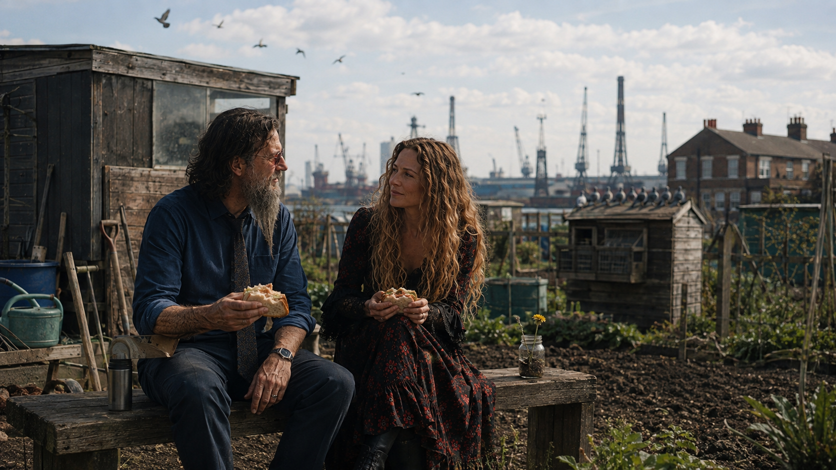 A couple eating sandwiches on a bench at the allotments, cranes of the docks behind them.