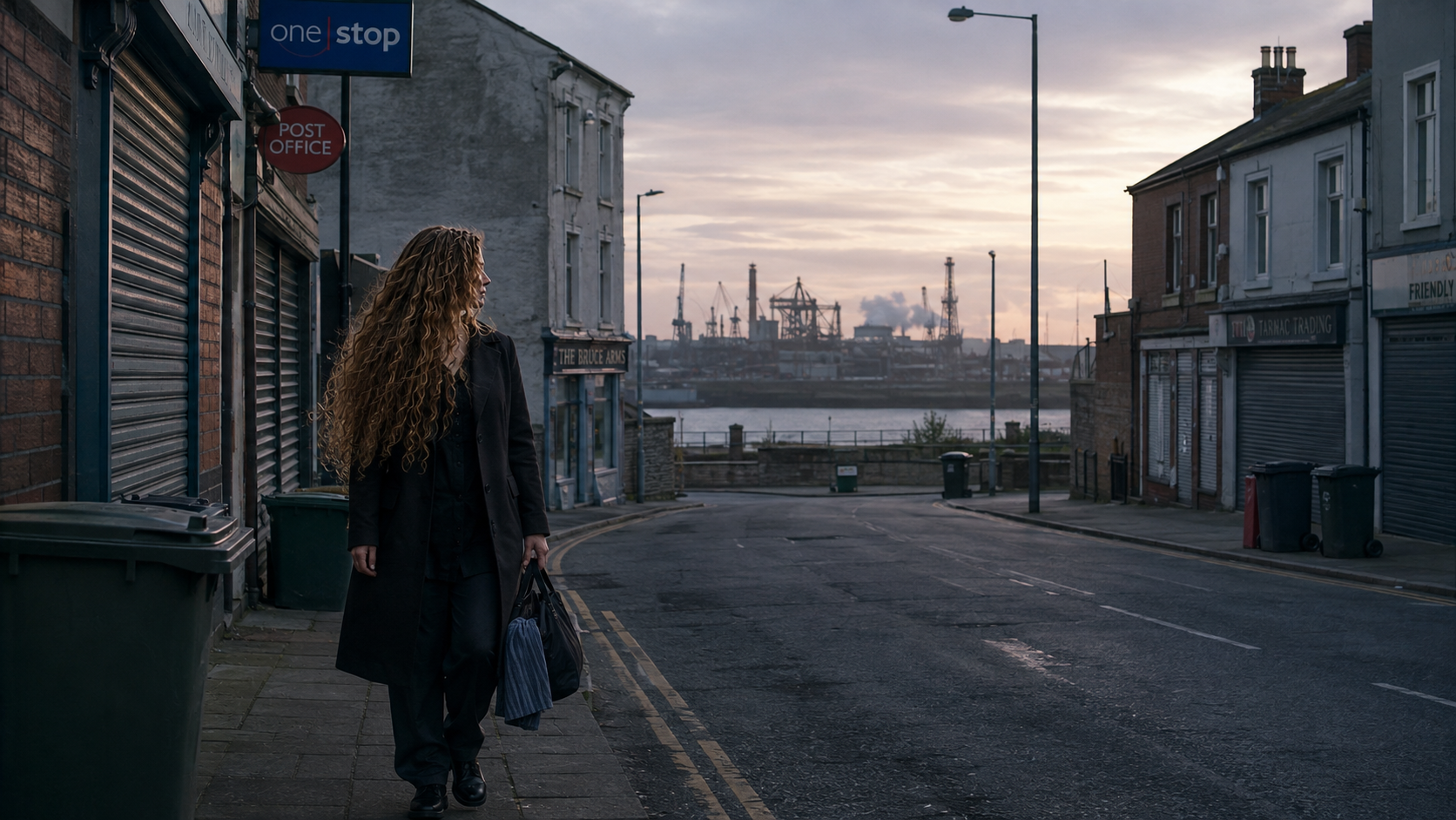 A woman walking a shuttered Headland street at dawn with a bag in her hand, the works smoking across the water.
