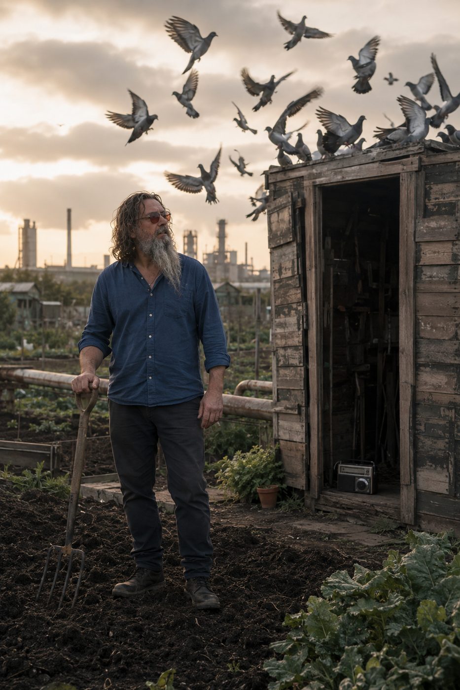 Ted standing at the allotment shed with a fork, pigeons going up over the roof.