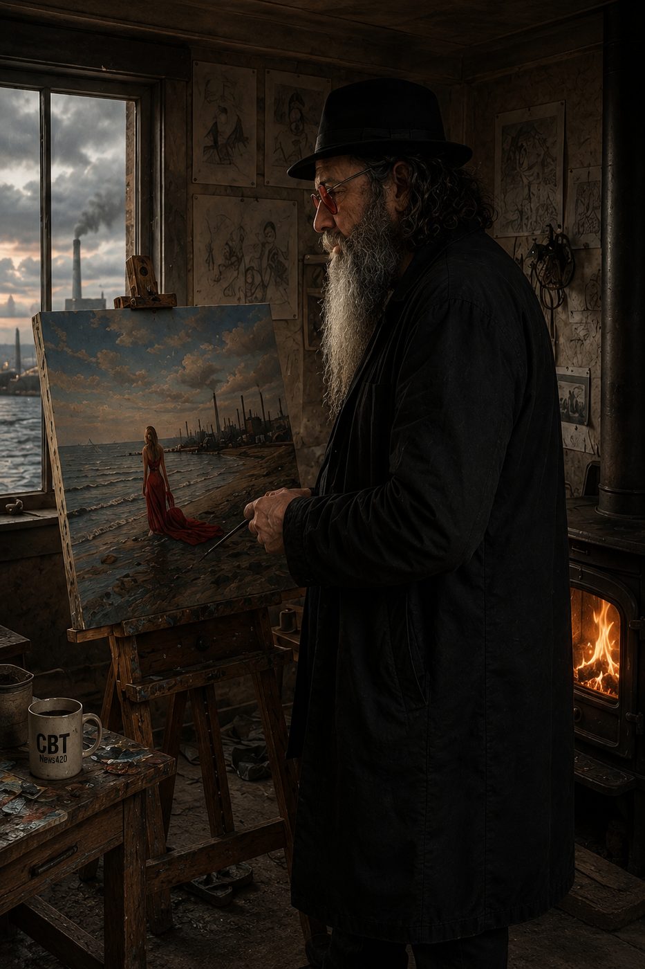 Ted in his studio by the fire, the sea painting standing on the easel.