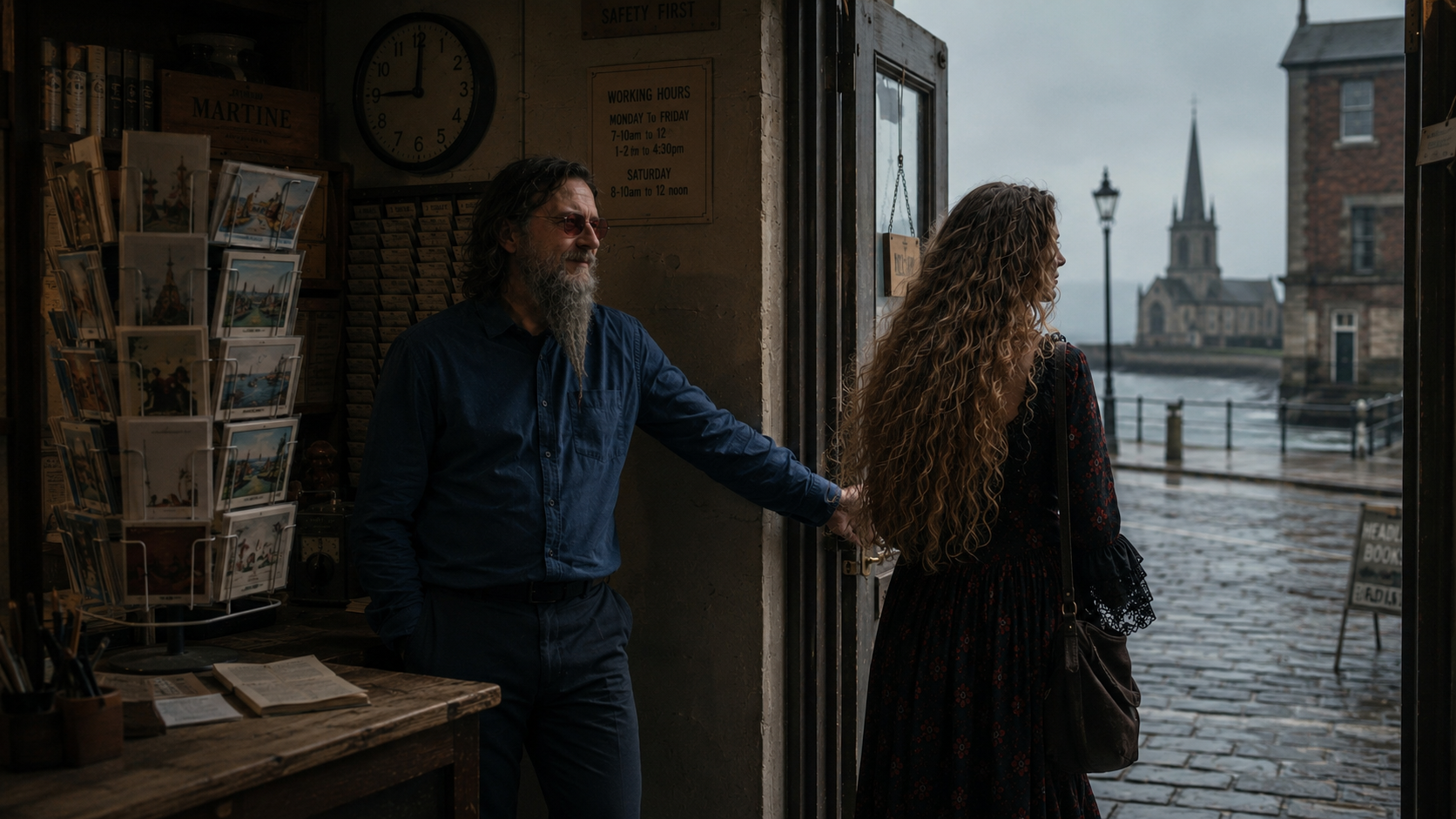 A bearded man holding open the door of a harbour bookshop for a woman on the wet cobbles outside.