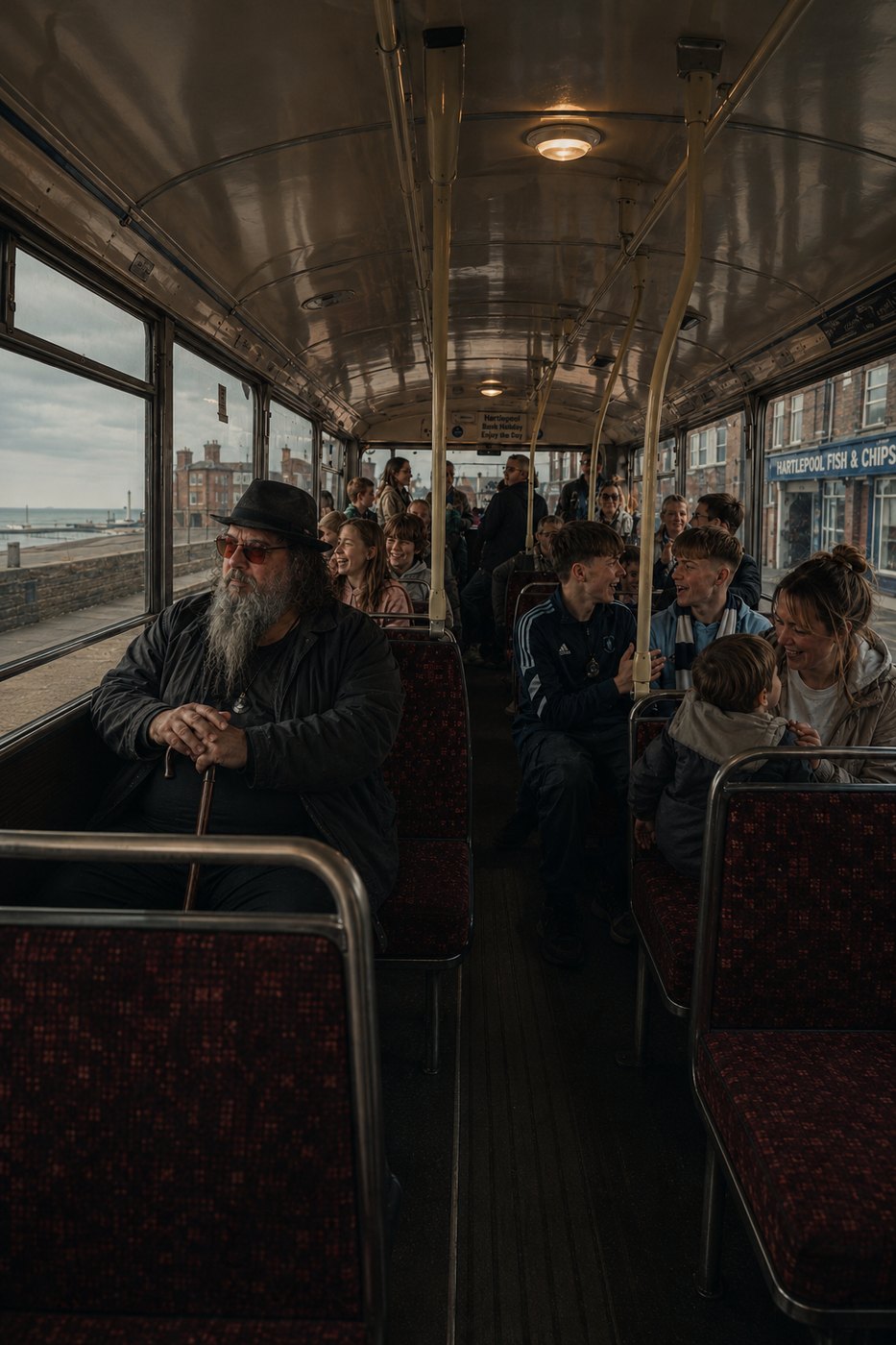Ted on the bus with his hat and stick, the town going past the windows.