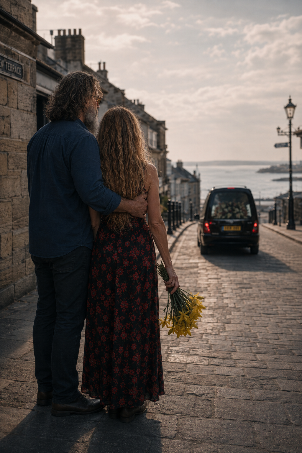 Two people on a cobbled street watching a hearse drive away toward the sea.