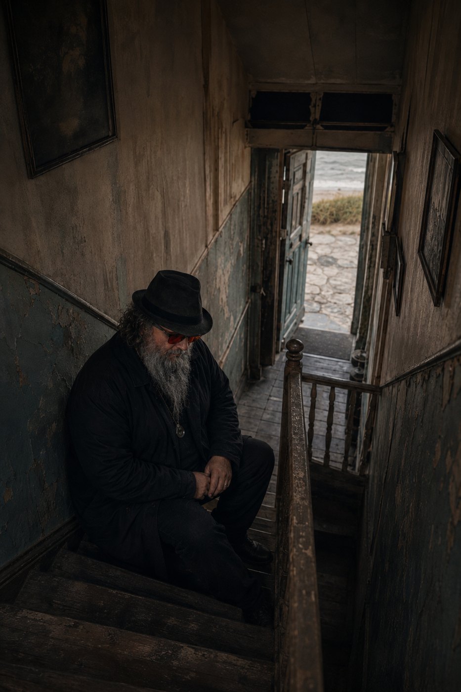 Ted sitting on the stairs of an empty house, hat down, light from a doorway.