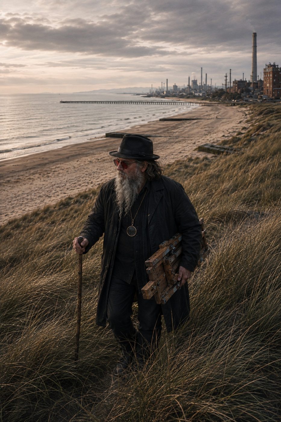 Ted walking through the dunes with his stick and a bundle of driftwood under his arm.