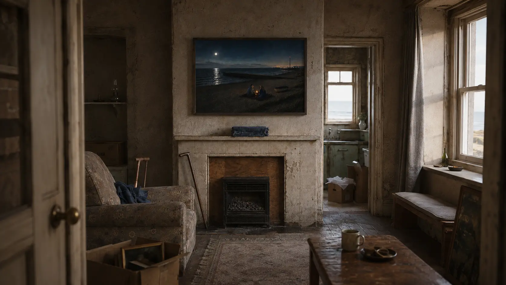 An empty front room with the beach painting above the fireplace, packing boxes on the floor.