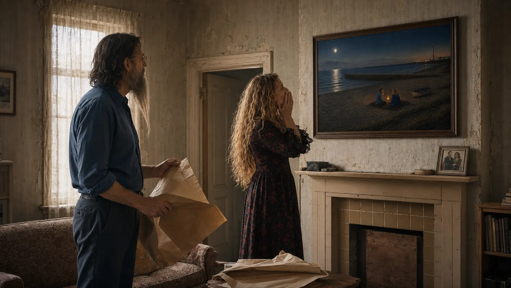 A man holding brown paper while a woman stares up at a newly hung painting of a beach fire by moonlight.