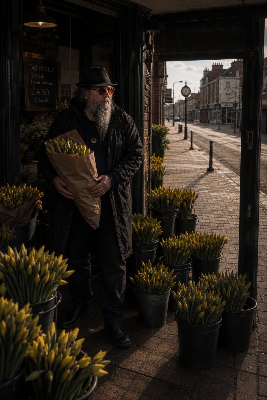 Ted in a flower shop doorway holding a wrapped armful of daffodils.