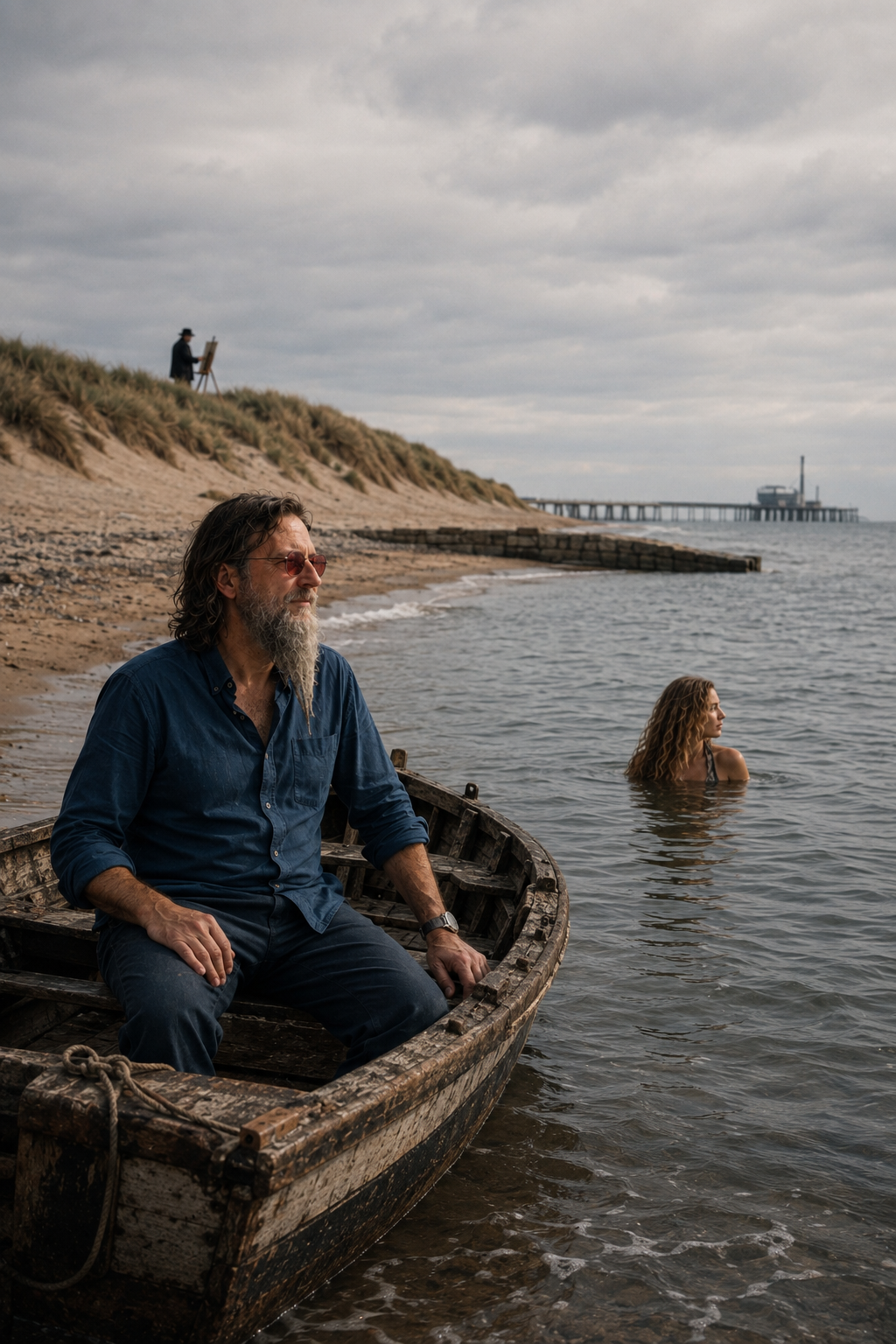 A bearded man sitting alone in a rowing boat drawn up on the beach.
