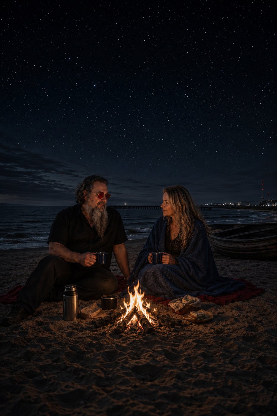 Two figures sitting by a driftwood fire on the night beach under stars.