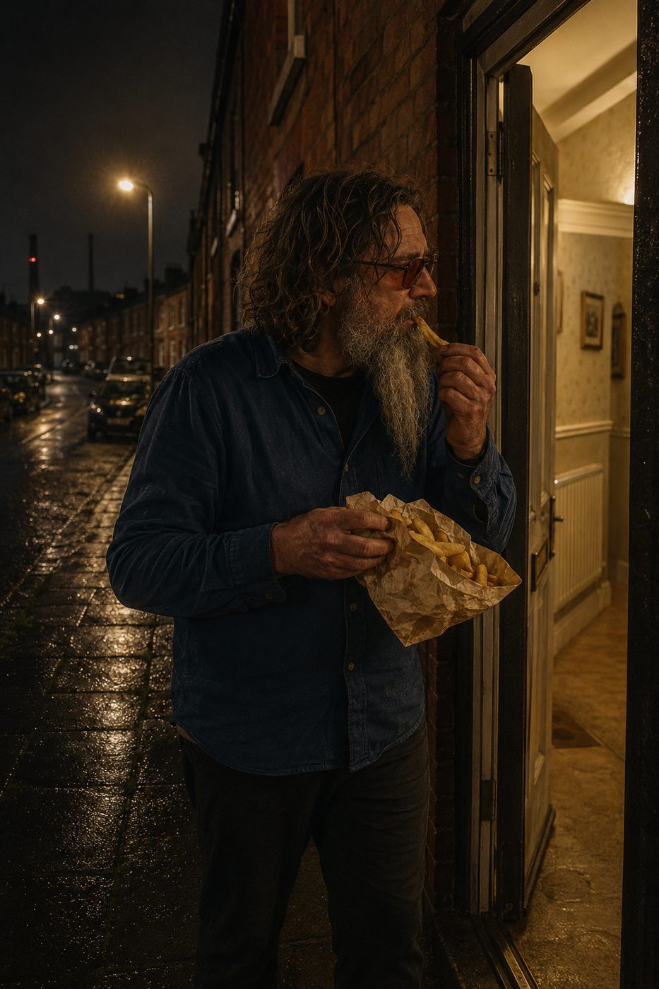 Ted eating from a paper wrap in a lit doorway on a wet street at night.