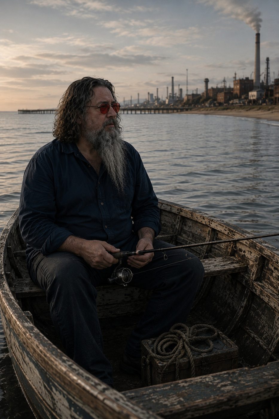 John sitting alone in his small boat with a rod across his knees, the works on the shore behind him.