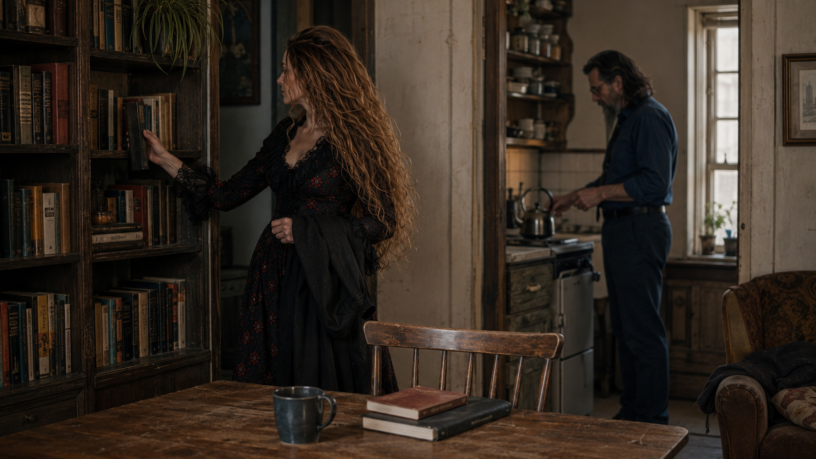 A woman taking a book from a tall bookcase while a man fills the kettle in the kitchen beyond.