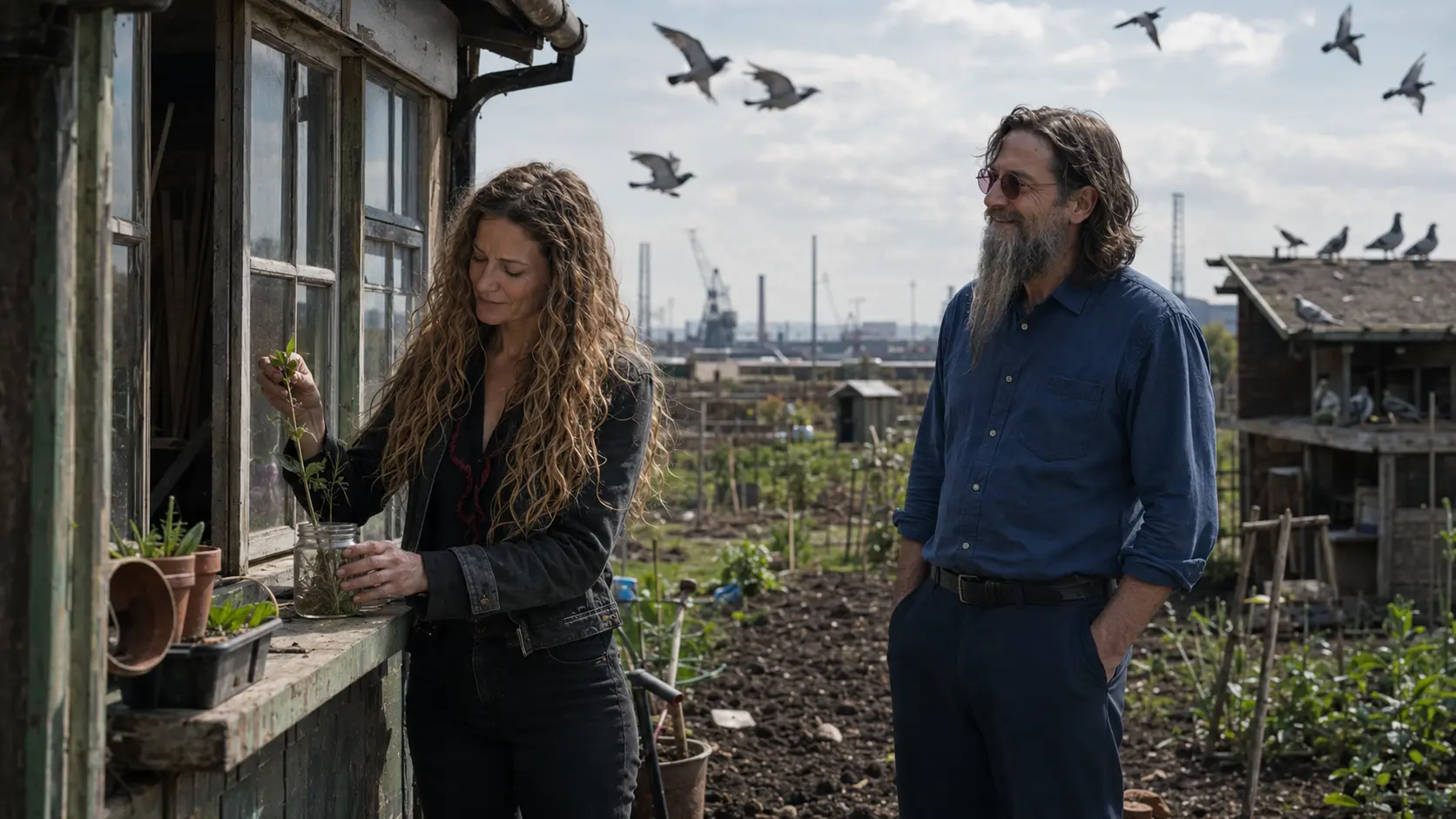 A woman setting a jar of cuttings on a shed windowsill while a man watches from the plot.