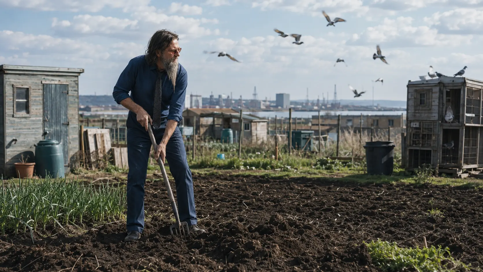 A bearded man digging over dark soil at the allotments, pigeons wheeling above the sheds.