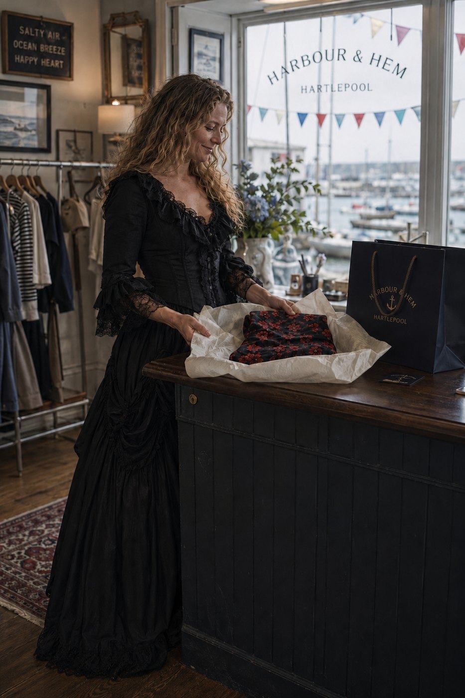 The woman folding a garment in a small harbour shop, the marina bright in the window.