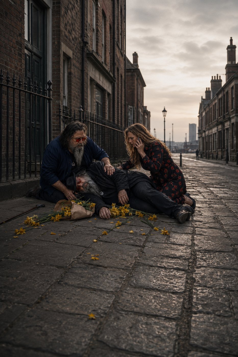 Daffodils spilled across the cobbles, two figures down on the ground beside them.