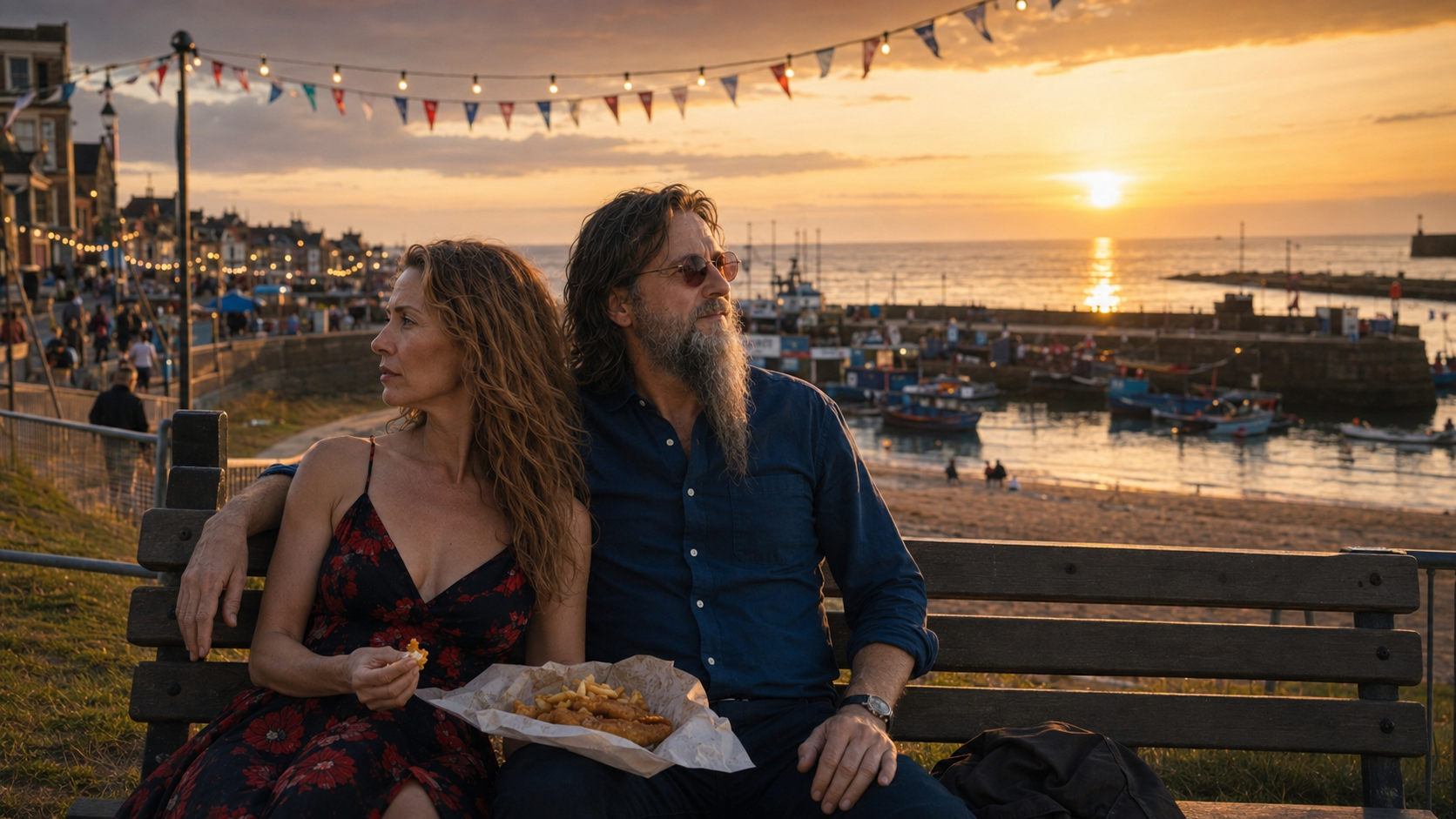 A couple on a bench above the harbour at sunset, sharing chips under carnival bunting.