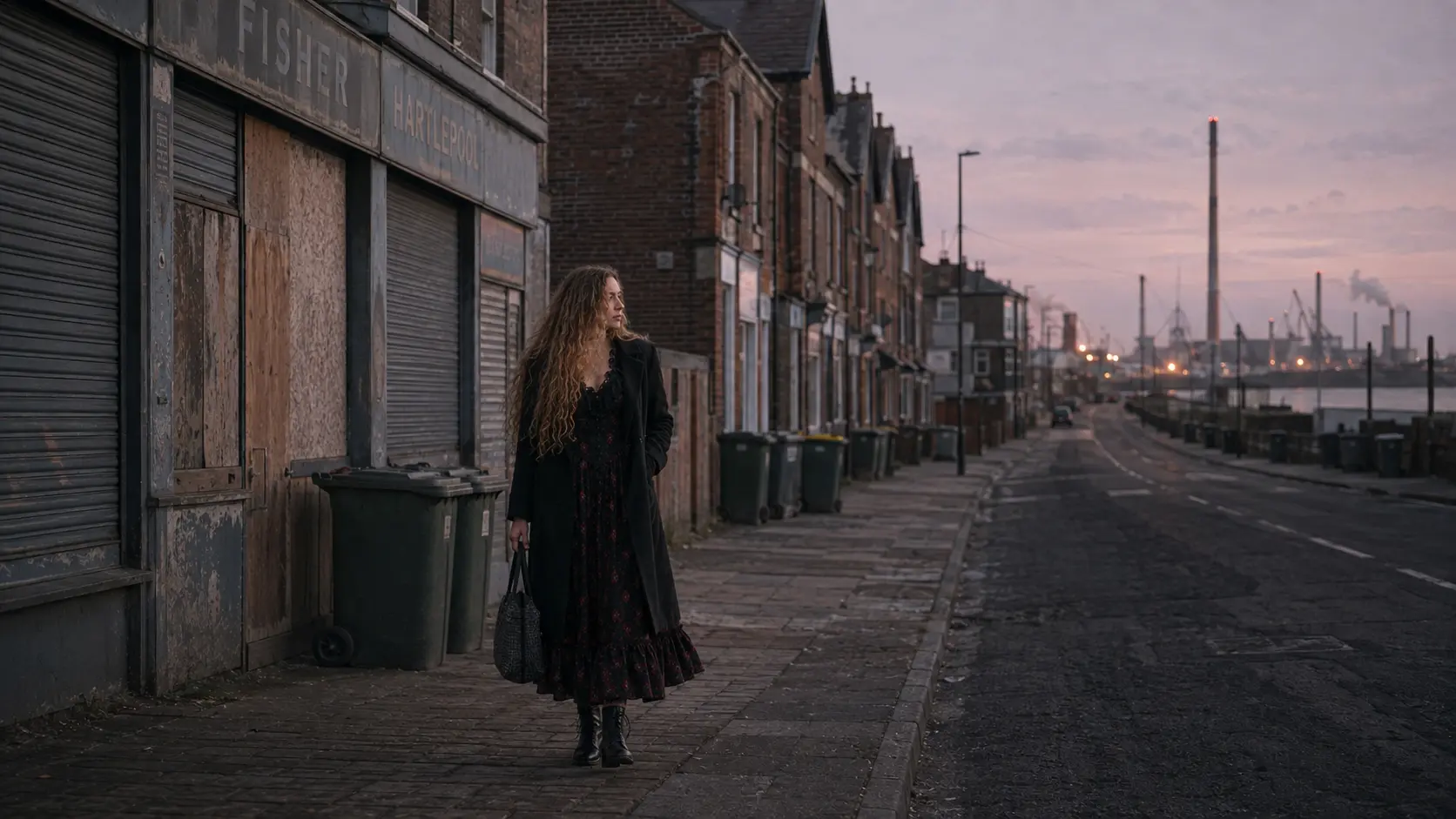 A woman in a long dark coat walking a shuttered Headland street at dawn, the works smoking across the water.