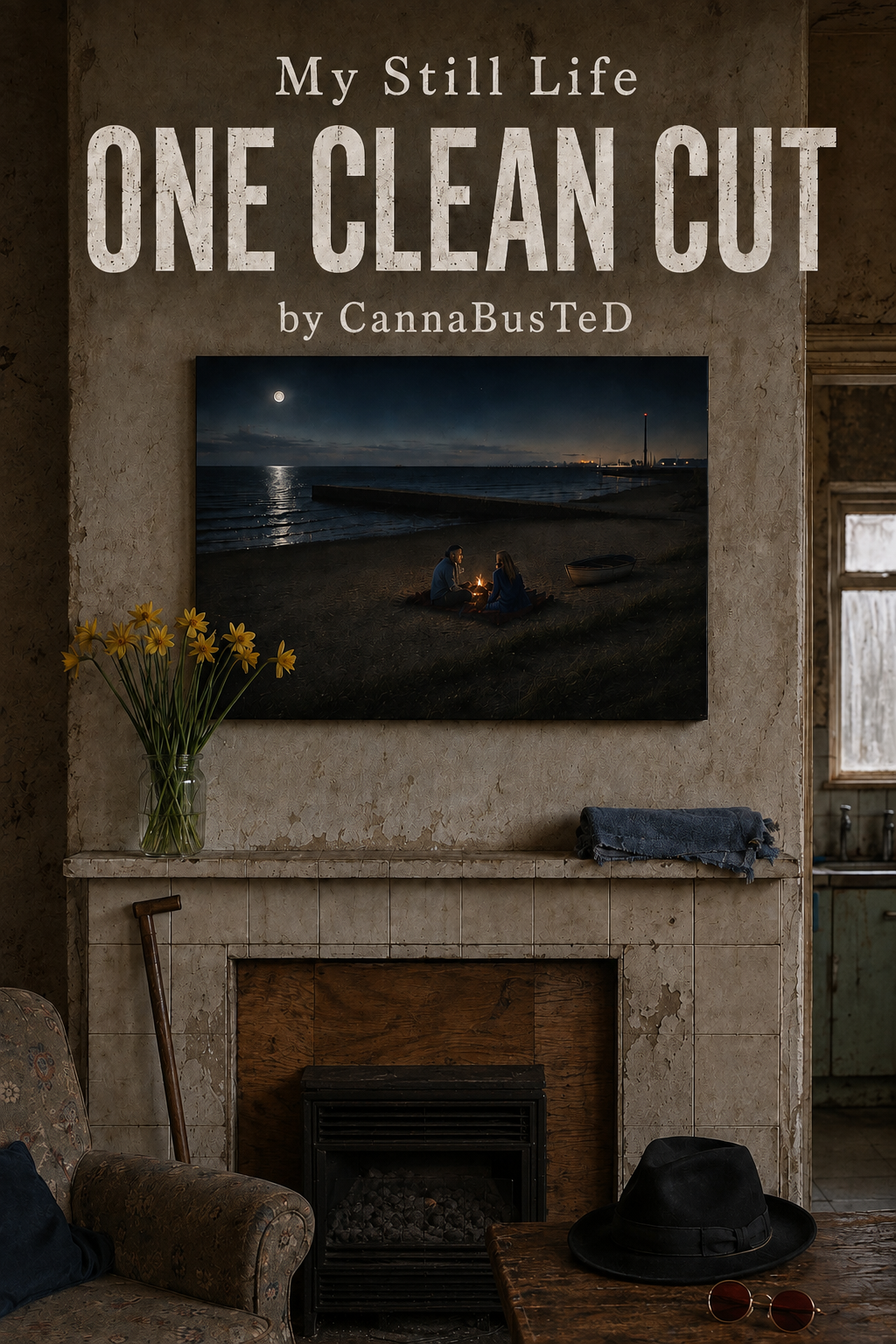The cover of One Clean Cut: a moonlit beach seen above a fireplace mantel.