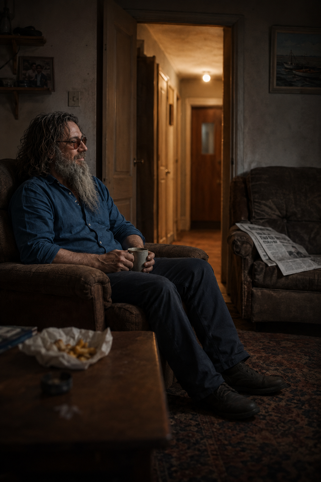 A bearded man sitting in an armchair in a dim room, lamp beside him.