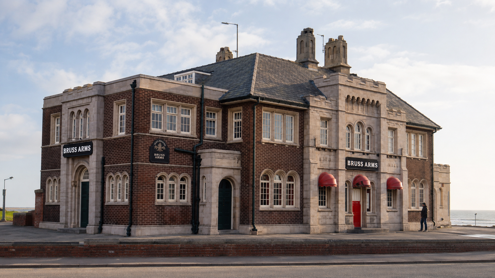 The Brus Arms on the sea front at Hartlepool, brick and stone against a pale sky.