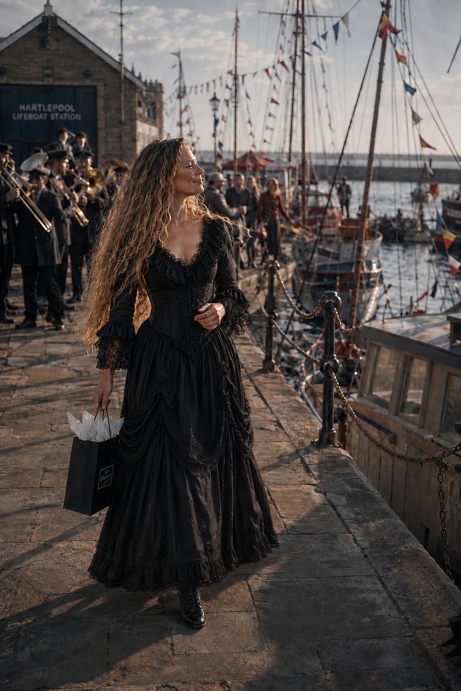 The woman walking the quayside with bunting and tall masts behind her.