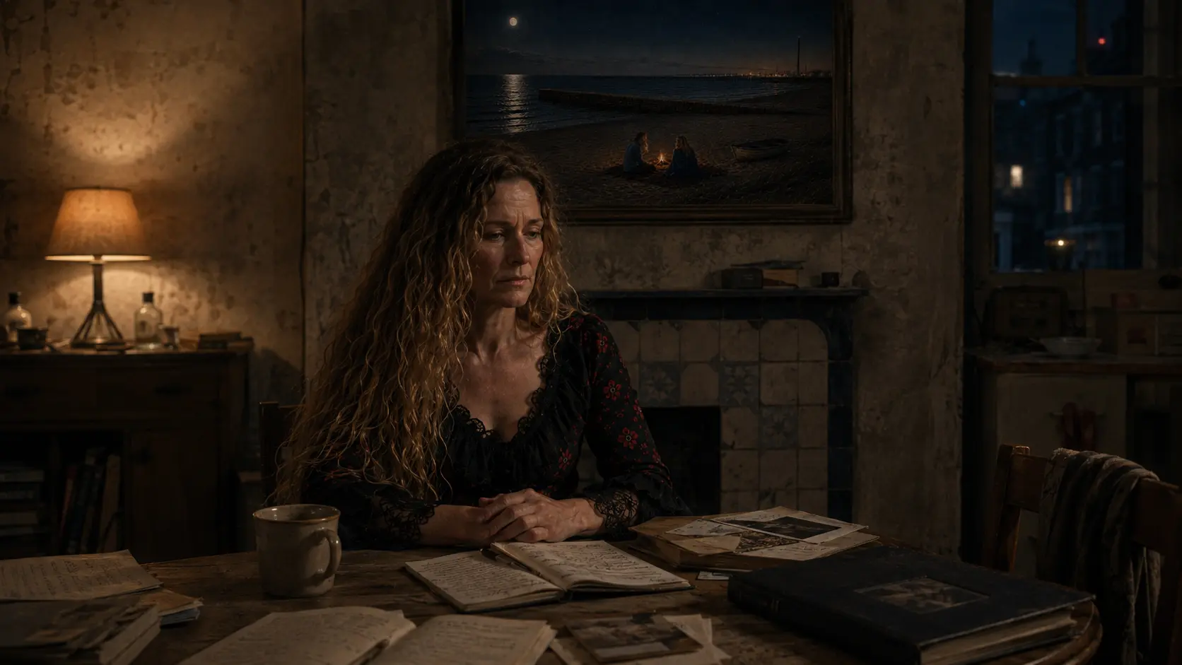 A woman alone at a table spread with letters and albums, the beach painting on the wall behind her.