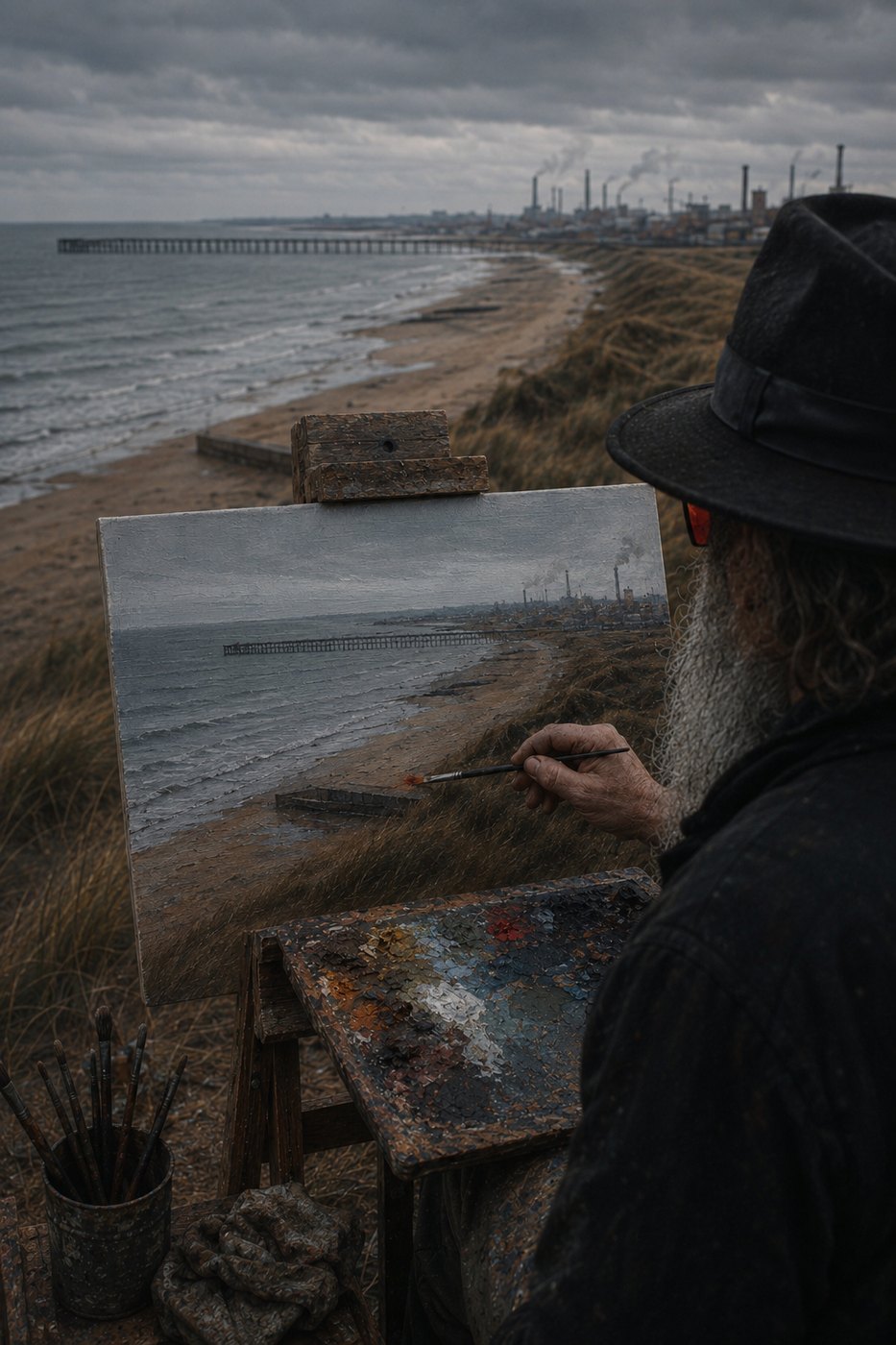 The half-painted canvas on the easel in the dune grass, brushes standing in a jar.