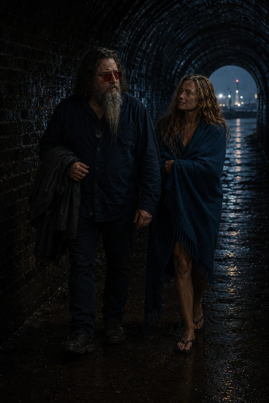 Ted and the woman walking out of a brick tunnel towards the lit sea, a blanket round her shoulders.