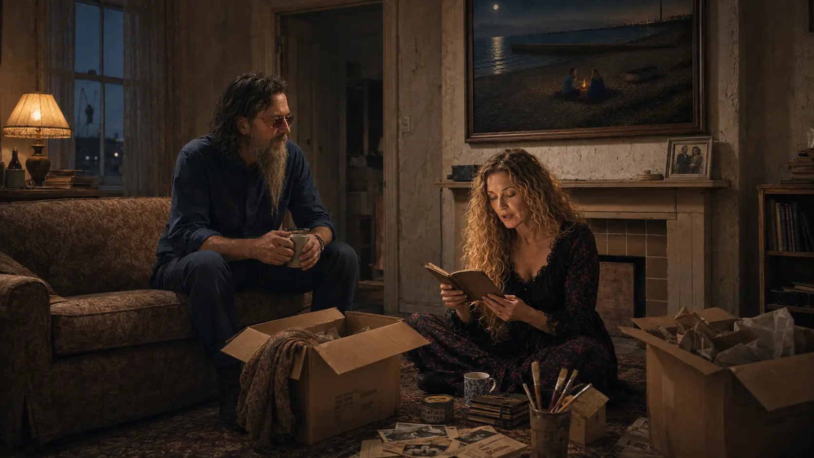A woman sitting on the floor among boxes reading a small notebook by lamplight, a man watching with a mug.