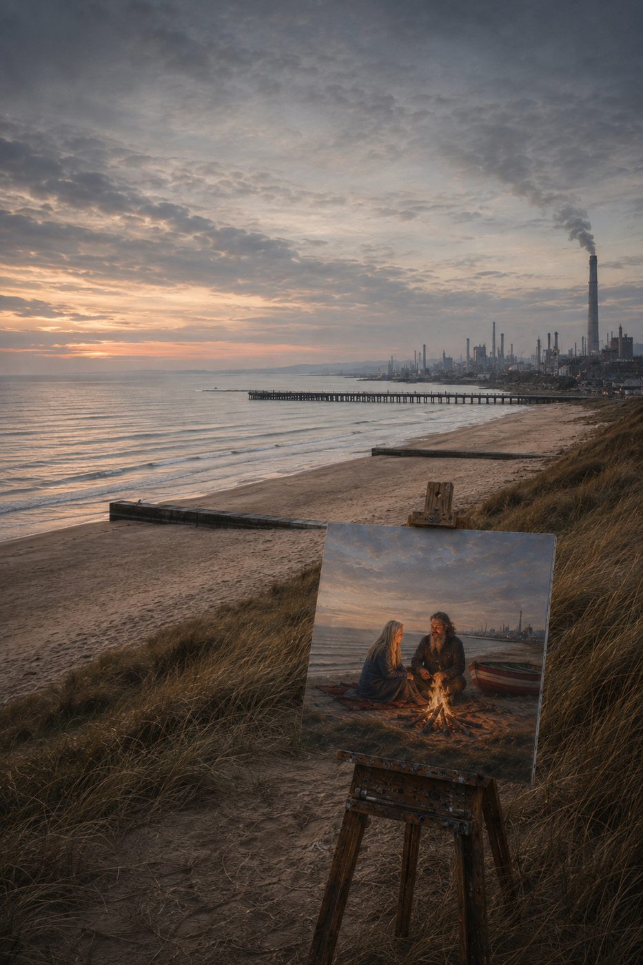 The finished painting standing on its easel above an empty beach at dusk.