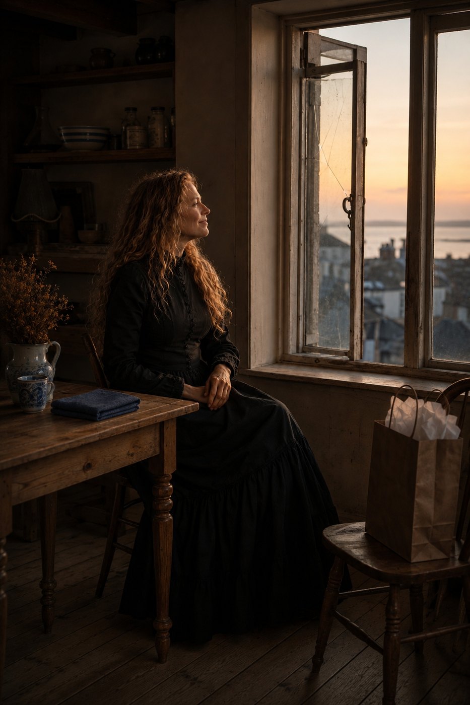 The woman sitting at a kitchen table, the window open on the roofs of the town.