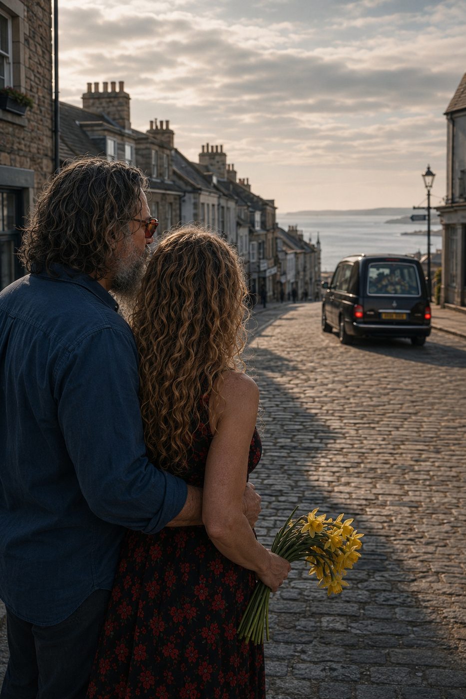 Two figures walking arm in arm down the street towards the sea, daffodils in her hand.