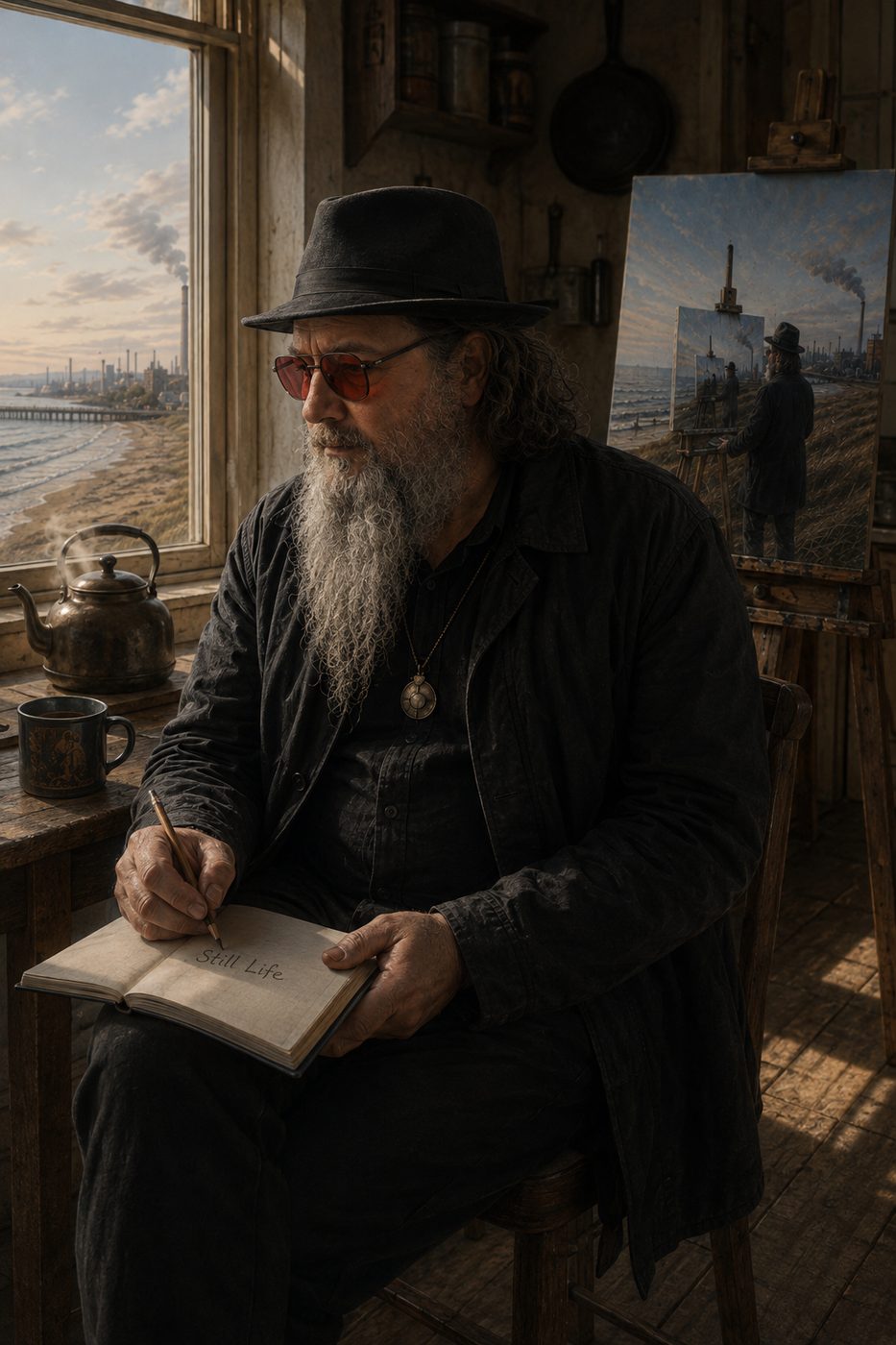 Ted writing in a notebook by the studio window, kettle on the sill.