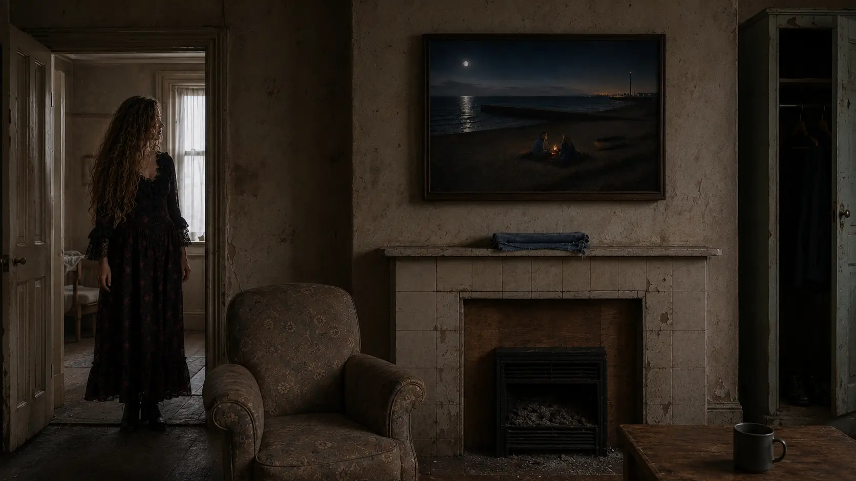 A woman standing in a doorway looking back at the beach painting above the mantel.