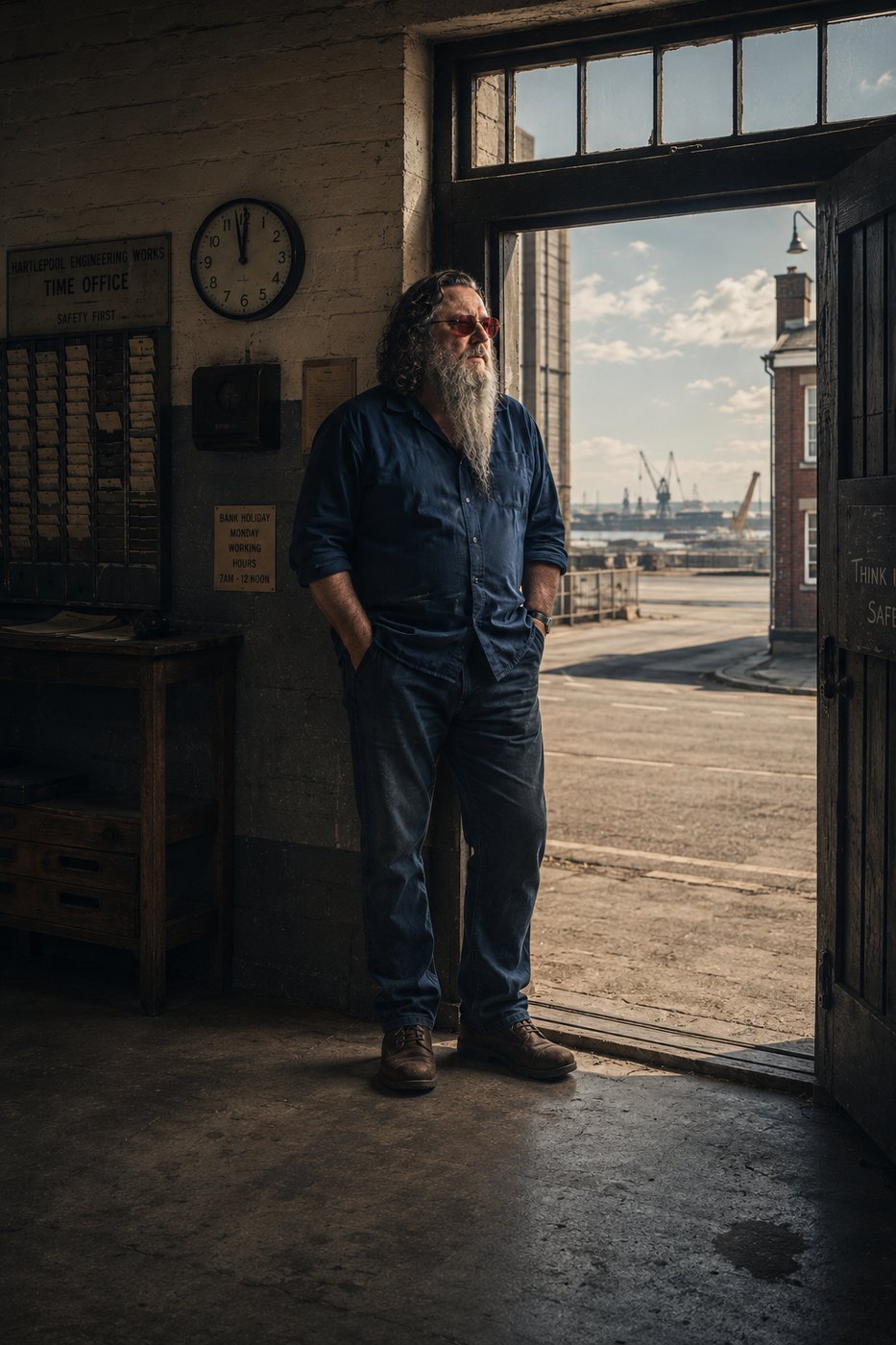 Ted standing in the wide doorway of the lifeboat station, clock on the wall behind him.