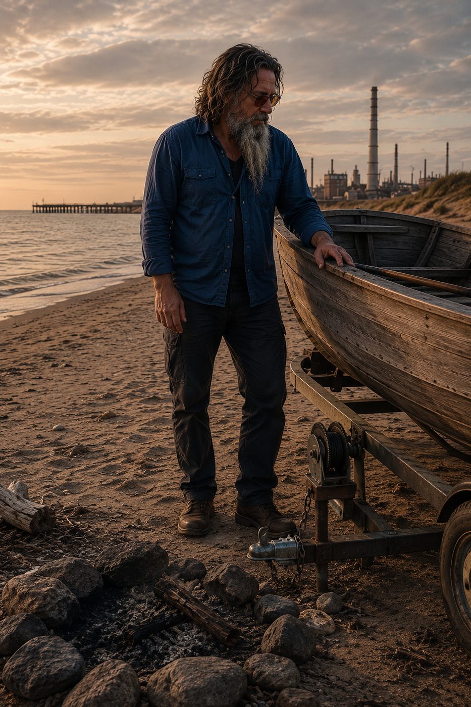 Ted standing beside an upturned wooden boat on the shingle at sunset.